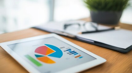 Aufkleber - A colorful pie chart displayed on a digital tablet, illustrating market share percentages, set against a clean, professional workspace.