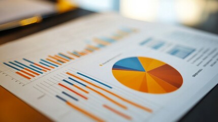 Poster - A detailed close-up of a pie chart and line graph combination on a printed report, emphasizing business statistics and analysis in a tidy office setting.