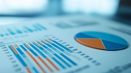 Poster - A detailed close-up of a pie chart and line graph combination on a printed report, emphasizing business statistics and analysis in a tidy office setting.