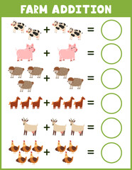 Canvas Print - Farm animals addition worksheet for kids. Math activity page with cute farm characters. Calculate and write the result sheet for school and preschool. Vector illustration