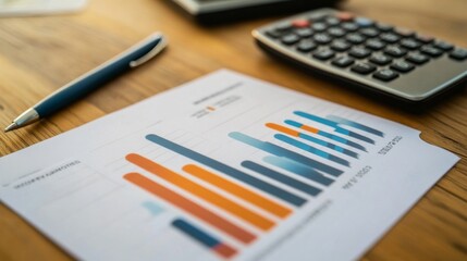 Aufkleber - A detailed view of a financial report featuring a bar chart with revenue and expense data, placed on a desk with a calculator and pen for in-depth analysis.
