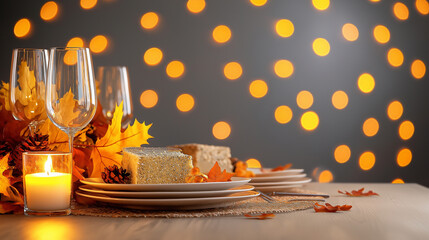 A beautifully set Thanksgiving dinner table with autumn-themed décor, candles, and a warm golden glow