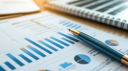 Leinwandbilder - A detailed view of a financial report with bar charts and graphs, showing revenue and expense data, laid out on a desk with a pen and notebook.