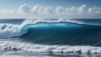 Dynamic ocean wave crashing against the shore under a bright sky with clouds