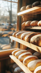 Wall Mural - Freshly Baked Bread on Display in a Sunny Local Bakery  