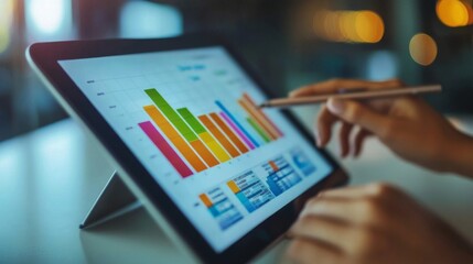 Aufkleber - A financial analyst reviewing a bar chart report with colorful graphs and data projections on a tablet, set against a clean, professional workspace.