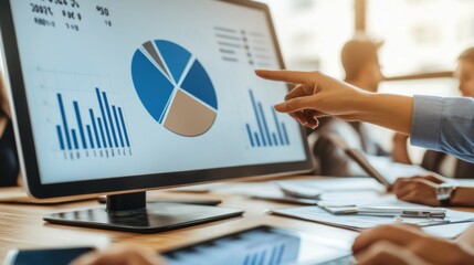 Aufkleber - A financial meeting with a presenter pointing at a large pie chart on a projector screen, illustrating budget breakdowns and financial forecasts to an audience.