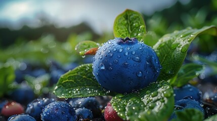 Wall Mural - Close-up image of plump, water-droplet-covered fresh blueberries resting among green leaves in a lush outdoor garden setting