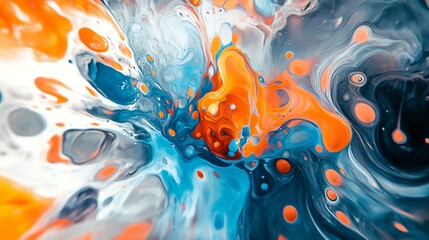 Vibrant abstract art featuring swirling colors of orange, blue, and white, creating a dynamic and energetic visual experience.