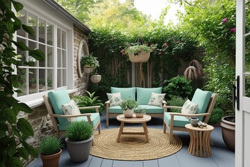 Wall Mural - Cottage Style Serene Garden Mockup for Tranquil Outdoor Retreat