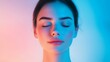 © Naphol - A serene woman with closed eyes, illuminated by soft blue and pink lights, embodying tranquility and beauty in a modern aesthetic.