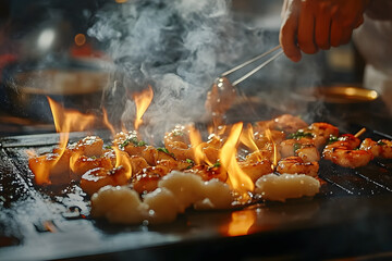 A skilled chef preparing a delicious teppanyaki meal on a sizzling grill.