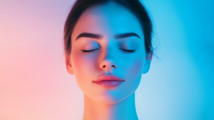 A serene woman with closed eyes, illuminated by soft blue and pink lights, embodying tranquility and beauty in a modern aesthetic.