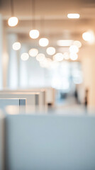 Poster - Hanging lights softly illuminate rows of desks in a sleek and modern office building, providing a bright and welcoming workspace for professionals