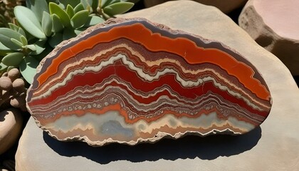 Wall Mural - Beautiful red and orange agate stone slice with intricate patterns for decoration