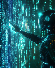 Android robot navigating through a cyber digital world, pointing its finger towards a glowing computer coding interface.luminous glow of digital technology, an android engages in the art of computer.