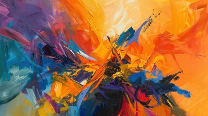 Wall Mural - this abstract oil painting features a burst of bright colors--vivid oranges, electric blues, and dee