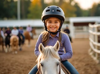 Happy girl child riding a horse while wearing a helmet