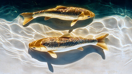 Two golden carp, swimming in the water, in a light gold and white style, with a minimalist, 