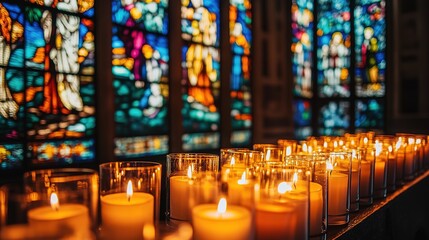 Lit candles in focus with colorful stained glass background