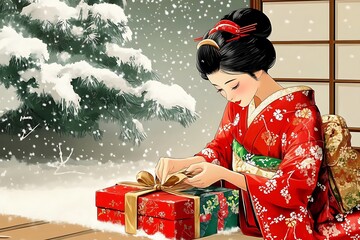 Sticker - Geisha Opening a Gift in Snowy Winter Landscape.