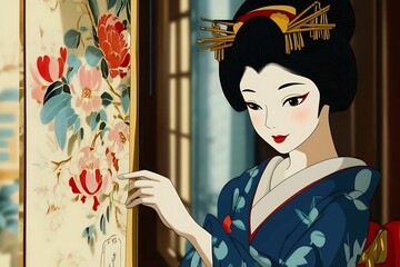 Canvas Print - A Japanese Geisha in a Traditional Kimono, with a Golden Hair Ornament and a Floral Background.