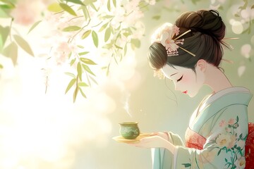 Poster - Woman in Kimono Holding Teacup in a Garden.