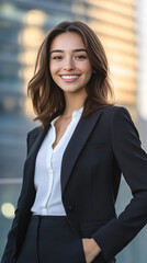 Sticker - Female executive smiling with one hand in her pocket outside an office building