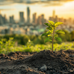 A young plant emerges from soil, symbolizing growth and sustainability against blurred city skyline.