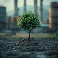 A small green tree grows in barren landscape, symbolizing hope amidst industrial pollution. This image highlights importance of sustainability and environmental efforts.