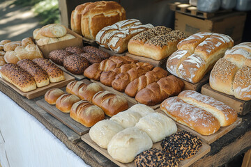 Canvas Print - Morning at Outdoor Bakery Stall with Diverse Bread Selection at Farmer's Market  