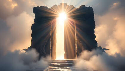 mystic magic gate with divine angelic rays of light like spiritual and religious and fantasy background isolated with white highlights, png