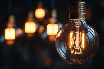 A close-up view of vintage filament light bulbs glowing warmly in the dark background.