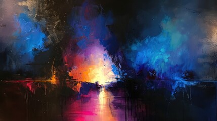 Wall Mural - this abstract oil painting showcases a powerful use of dark, moody colors--deep blacks, blues, and p