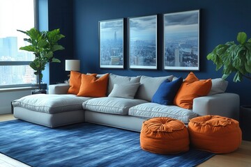 Wall Mural - sleek modern living room with minimalist aesthetic deep blue accent wall contrasts with neutral furnishings cozy yet sophisticated ambiance with carefully curated decor and soft lighting