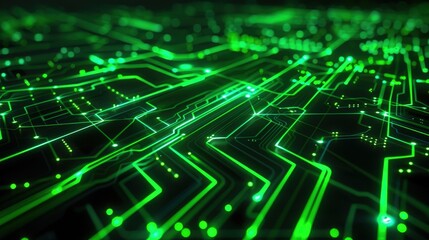 This abstract technology background displays a dynamic fusion of geometric patterns and glowing circuits.