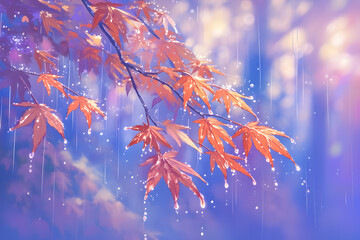 Poster - Anime style, close-up of raindrops clinging to fiery red maple leaves, with the soft, blurred backdrop of an autumn forest bathed in warm light