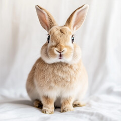 A cute fluffy rabbit sitting on bed looking at camera