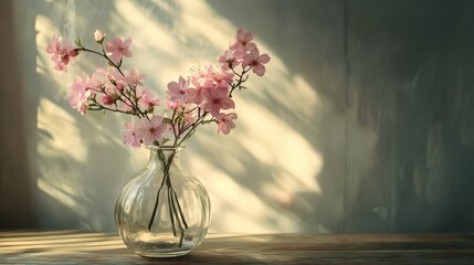 Delicate pink flowers bloom vibrantly in a glass vase, capturing the essence of nature beauty and freshness