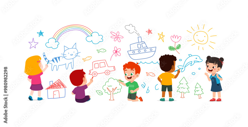 little kid and friend drawing on wall with paint and feel happy Stock ...