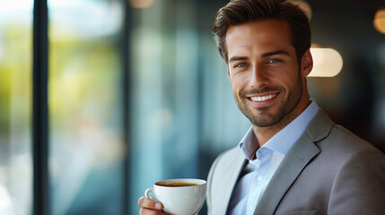 A confident businessman holding cup of coffee, smiling warmly in modern office setting. His stylish attire and relaxed demeanor create an inviting atmosphere