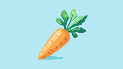 A cute carrot icon with green leaves on a light pastel blue background, symbolizing healthy eating.