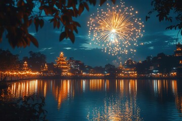 Wall Mural - spectacular fireworks display reflected in tranquil lake during diwali celebration vibrant bursts of color illuminate night sky and create magical atmosphere