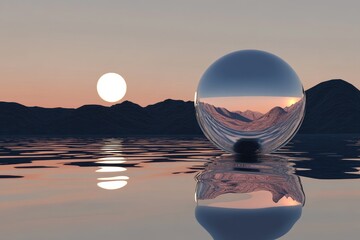 A serene lake with a crystal ball floats on it as sunset approaches, symbolizing mysticism and tranquility.