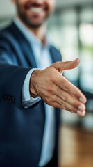 Wall Mural - Man in a navy suit is offering a handshake with a friendly smile