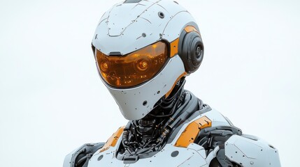 Futuristic humanoid robot with orange accents and detailed design.