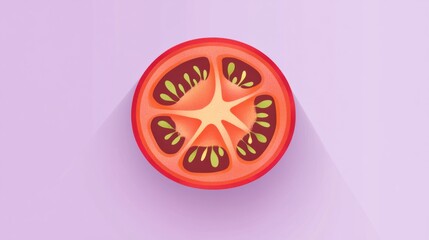 A playful flat tomato slice icon on a pastel lavender background, bright and simple for healthy eating themes.