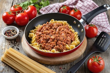 A rustic setting with a red and black frying pan containing pasta with a meat-based sauce