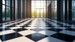 © arhendrix - Modern black and white checkered floor in a spacious building with glass walls and natural sunlight shining through, leading to a green exterior.