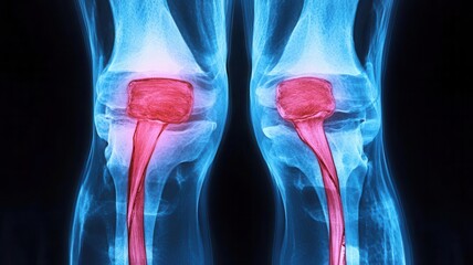 x-ray of a knee joint showing torn ligaments, joint injury, medical diagnosis